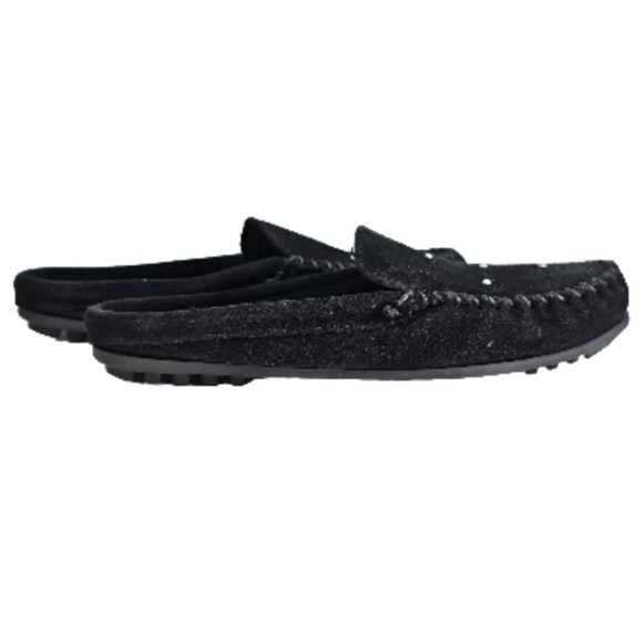 Minnetonka Moccasins Black Suede Leather Upper Studded Slip On Mule size 8 - Picture 3 of 8